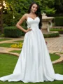 A-line V-Neck Sleeveless Dreamy Sweep Train Satin Wedding Dresses