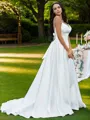 A-line V-Neck Sleeveless Dreamy Sweep Train Satin Wedding Dresses