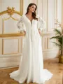 A-line V-Neck Elegant Long Sleeves Court Train Open Back Tulle Wedding Dresses