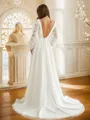 A-line V-Neck Elegant Long Sleeves Court Train Open Back Tulle Wedding Dresses