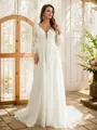 A-line V-Neck Elegant Long Sleeves Court Train Open Back Tulle Wedding Dresses