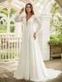 A-line V-Neck Elegant Long Sleeves Court Train Open Back Tulle Wedding Dresses