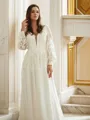 A-line V-Neck Elegant Long Sleeves Court Train Open Back Tulle Wedding Dresses