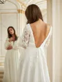 A-line V-Neck Elegant Long Sleeves Court Train Open Back Tulle Wedding Dresses