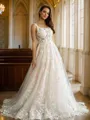 A-line Straps Modest Sleeveless Court Train Tulle Wedding Dresses