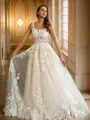 A-line Straps Modest Sleeveless Court Train Tulle Wedding Dresses