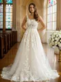 A-line Straps Modest Sleeveless Court Train Tulle Wedding Dresses