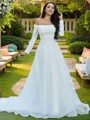 A-line Off-the-Shoulder Feminine Long Sleeves Sweep Train Tulle Wedding Dresses