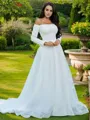 A-line Off-the-Shoulder Feminine Long Sleeves Sweep Train Tulle Wedding Dresses
