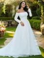 A-line Off-the-Shoulder Feminine Long Sleeves Sweep Train Tulle Wedding Dresses