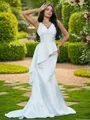 Sheath/Column Classy V-Neck Sleeveless Sweep Train Satin Wedding Dresses