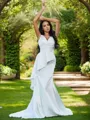Sheath/Column Classy V-Neck Sleeveless Sweep Train Satin Wedding Dresses