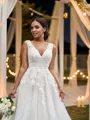 A-line V-Neck Sleeveless Sweep Train Exquisite Tulle Wedding Dresses