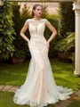 Sheath/Column Scoop Graceful Sleeveless Court Train Open Back Tulle Wedding Dresses