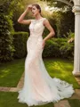 Sheath/Column Scoop Graceful Sleeveless Court Train Open Back Tulle Wedding Dresses