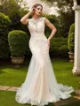 Sheath/Column Scoop Graceful Sleeveless Court Train Open Back Tulle Wedding Dresses