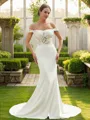 Sheath/Column Off-the-Shoulder Timeless Sleeveless Court Train Stretch Crepe Wedding Dresses