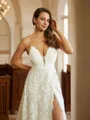 A-line V-Neck Fashion Sleeveless Chapel Train Lace Wedding Dresses