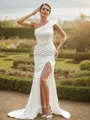 Sheath/Column One-Shoulder Sophisticated Sleeveless Court Train Charmeuse Wedding Dresses