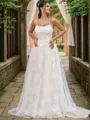 A-line Spaghetti Straps Unique Sleeveless Sweep Train Lace Wedding Dresses