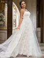 A-line Spaghetti Straps Unique Sleeveless Sweep Train Lace Wedding Dresses