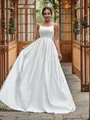 A-line Spaghetti Straps Sleeveless Sweep Train Dazzling Satin Wedding Dresses
