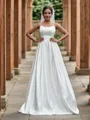 A-line Spaghetti Straps Sleeveless Sweep Train Dazzling Satin Wedding Dresses
