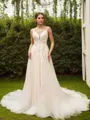 A-line V-Neck Stylish Sleeveless Court Train Tulle Wedding Dresses
