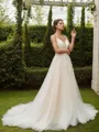 A-line V-Neck Stylish Sleeveless Court Train Tulle Wedding Dresses