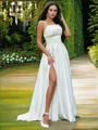 A-line Spaghetti Straps Stunning Sleeveless Sweep Train Satin Wedding Dresses