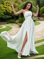 A-line Spaghetti Straps Stunning Sleeveless Sweep Train Satin Wedding Dresses