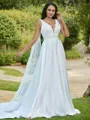 Flowing A-line V-Neck Sleeveless Sweep Train Satin Wedding Dresses