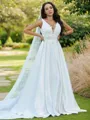 Flowing A-line V-Neck Sleeveless Sweep Train Satin Wedding Dresses