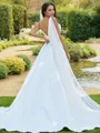 Flowing A-line V-Neck Sleeveless Sweep Train Satin Wedding Dresses