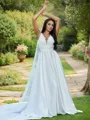 Flowing A-line V-Neck Sleeveless Sweep Train Satin Wedding Dresses