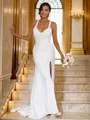 Sheath/Column V-Neck Sensual Sleeveless Sweep Train Stretch Crepe Wedding Dresses