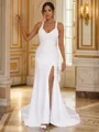 Sheath/Column V-Neck Sensual Sleeveless Sweep Train Stretch Crepe Wedding Dresses