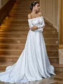 A-line Off-the-Shoulder Long Sleeves Sweep Train Delicate Satin Wedding Dresses