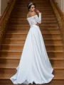 A-line Off-the-Shoulder Long Sleeves Sweep Train Delicate Satin Wedding Dresses