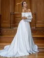 A-line Off-the-Shoulder Long Sleeves Sweep Train Delicate Satin Wedding Dresses