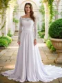 A-line Off-the-Shoulder Flowing Long Sleeves Cathedral Train Satin Chiffon Wedding Dresses