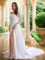 A-line Off-the-Shoulder Flowing Long Sleeves Cathedral Train Satin Chiffon Wedding Dresses