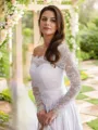 A-line Off-the-Shoulder Flowing Long Sleeves Cathedral Train Satin Chiffon Wedding Dresses