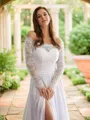 A-line Off-the-Shoulder Flowing Long Sleeves Cathedral Train Satin Chiffon Wedding Dresses