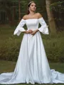A-line Off-the-Shoulder 3/4 Sleeves Sweep Train Charmeuse Exquisite Wedding Dresses