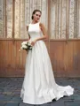 A-line Elegant Scoop Sleeveless Sweep Train Satin Wedding Dresses