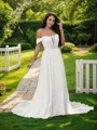 A-line Off-the-Shoulder Stylish Sleeveless Sweep Train Chiffon Wedding Dresses