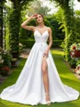 A-line V-Neck Delicate Sleeveless Court Train Satin Wedding Dresses