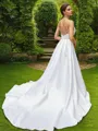 A-line V-Neck Delicate Sleeveless Court Train Satin Wedding Dresses