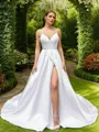 A-line V-Neck Delicate Sleeveless Court Train Satin Wedding Dresses